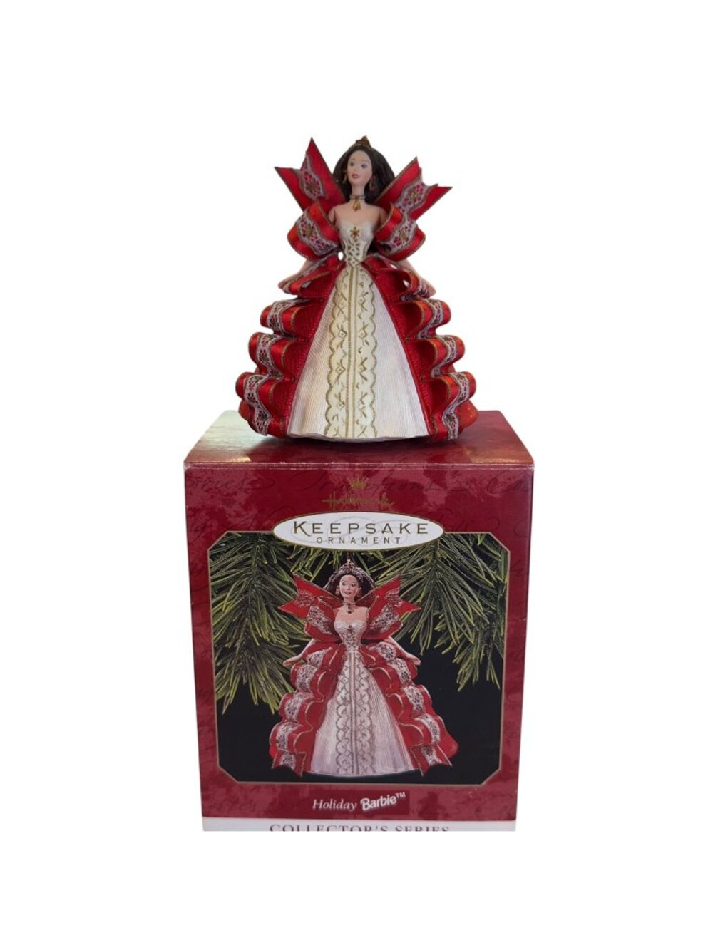 1997 Hallmark Holiday Barbie Ornament 5th in Series QXI6212 Red White Gown